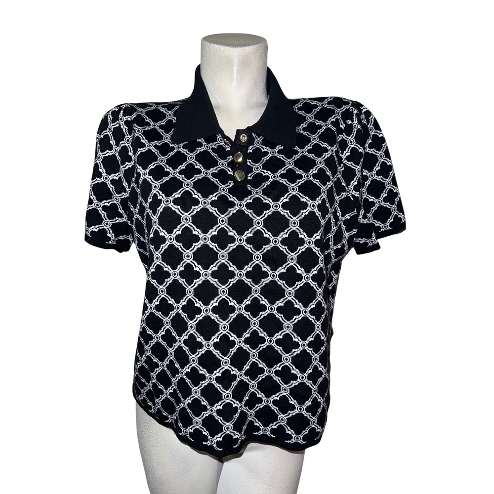 Talbots Petite XLP Black White Quatrefoil Knit Polo Sweater Gold Buttons KH5348